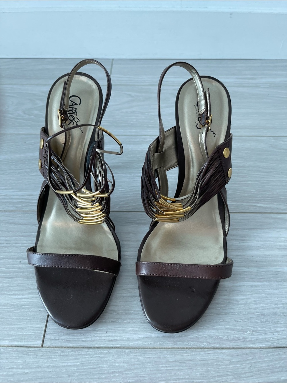 Carlos by Carlos Santana Brown Leather Slingback Heels with Gold Accents Size 10